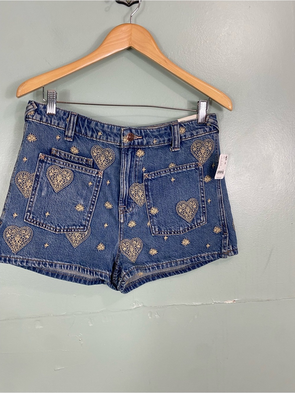 Free People We The Free Bertie Sailor Short Denim Embroidered Hearts Size 29